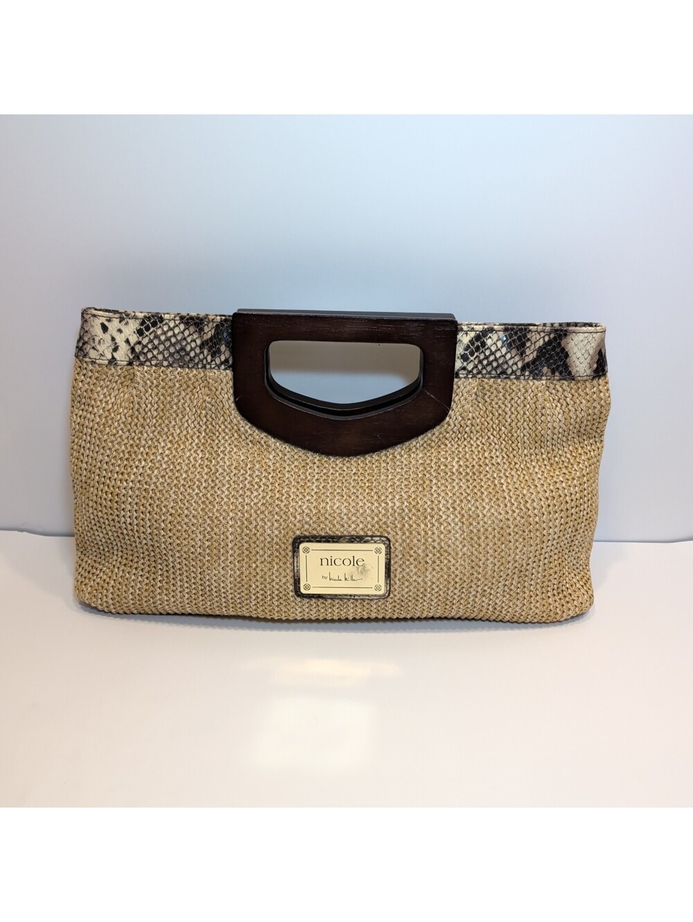 Nicole by Nicole Miller Straw Clutch with Wooden Handles and Snake Print Trim